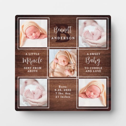 Rustic New Baby Personalisiert 5 Foto Collage Fotoplatte (Vorderseite)