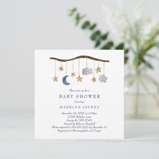 Rustic Night Sky Mobile Baby Dusche Einladung (Stehend Vorderseite)