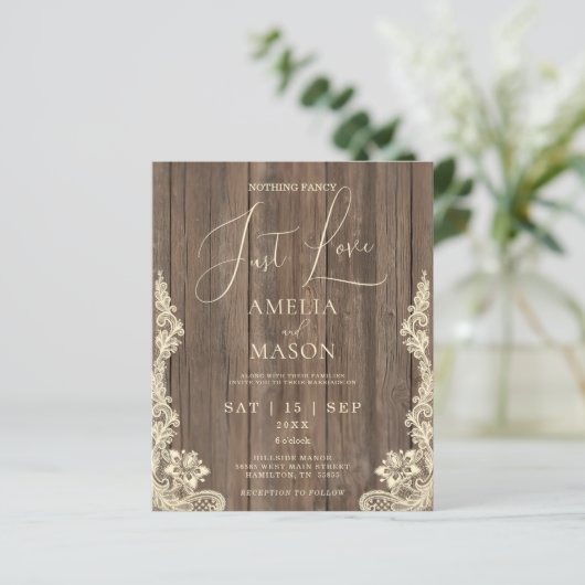 Rustic Nothing Fancy Just Love Wedding Invitation (Stehend Vorderseite)