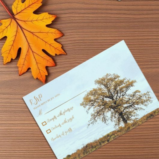 Rustic Oak Tree Autumn Wedding RSVP Karte