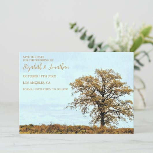 Rustic Oak Tree Autumn Wedding Save The Date (Stehend Vorderseite)