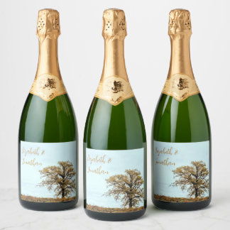 Rustic Oak Tree Autumn Wedding Schaumweinetikett