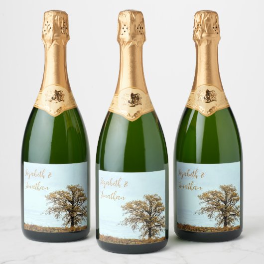 Rustic Oak Tree Autumn Wedding Schaumweinetikett (Flaschen)