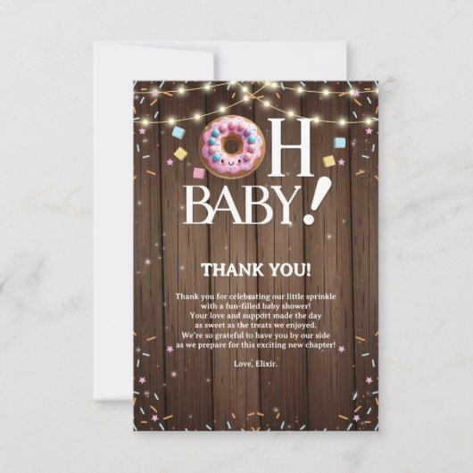 Rustic Oh Baby Donut & Sprinkle Kawaii Babydusche Dankeskarte (Vorderseite)