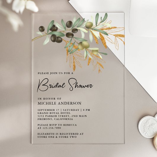 Rustic Olive Branch Leaves Bridal Shower Acryleinladungen