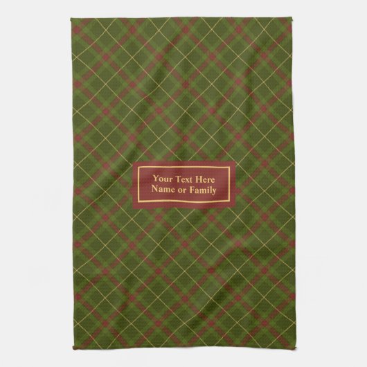 Rustic Olive Green Fall Tartan Towel Custom Name Geschirrtuch (Vertikal)