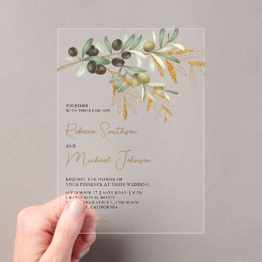Rustic Olive Leaves Wedding Acryleinladungen (Insitu (Handheld))
