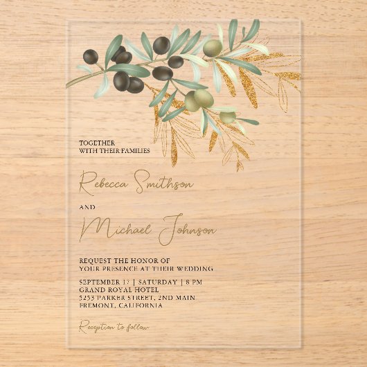 Rustic Olive Leaves Wedding Acryleinladungen (Vorderseite)