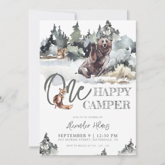 Rustic One Happy Camper Geburtstag Einladung (Vorderseite)