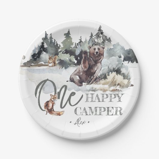 Rustic One Happy Camper Geburtstagsparty Pappteller (Vorderseite)