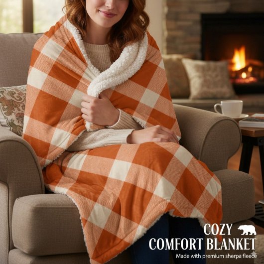Rustic Orange & Cream Buffalo Plaid Farmhouse Sherpadecke