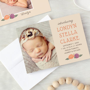 Rustic Orange Fall Floral Baby Girl Photo Birth Ankündigung