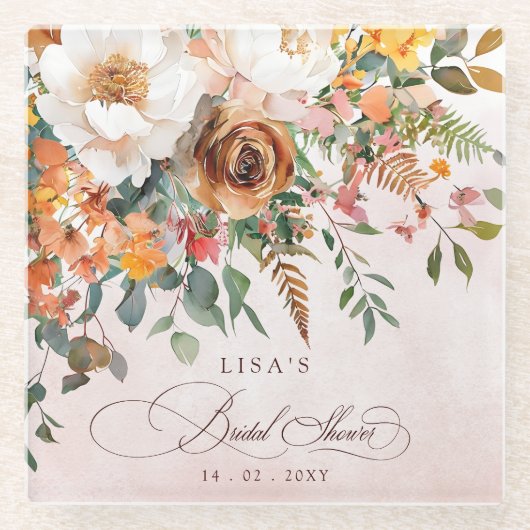 Rustic Orange Floral Fall Bridal Shower Glasuntersetzer (Vorderseite)