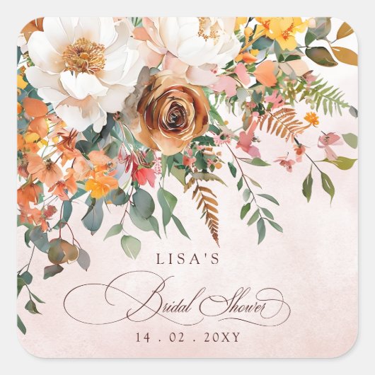 Rustic Orange Floral Fall Bridal Shower Quadratischer Aufkleber (Vorderseite)