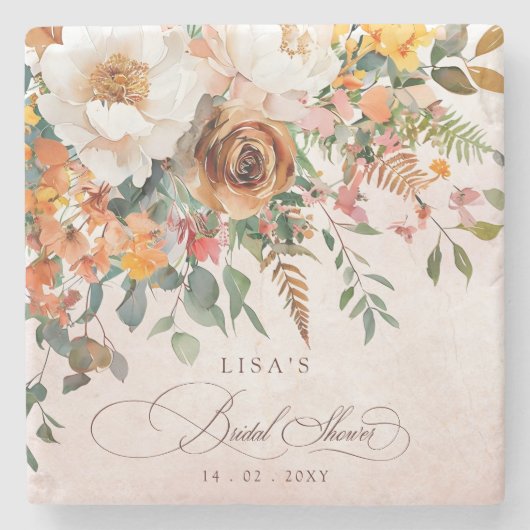 Rustic Orange Floral Fall Bridal Shower Steinuntersetzer (Vorderseite)