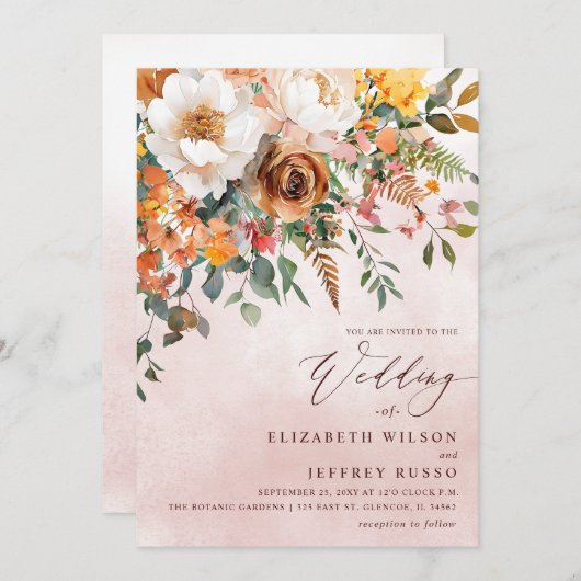 Rustic Orange Floral Fall Wedding Einladung (Vorne/Hinten)