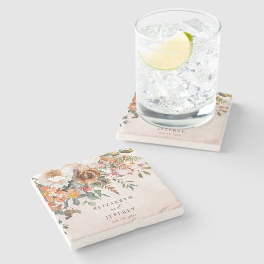 Rustic Orange Floral Fall Wedding Steinuntersetzer (Seitenansicht)