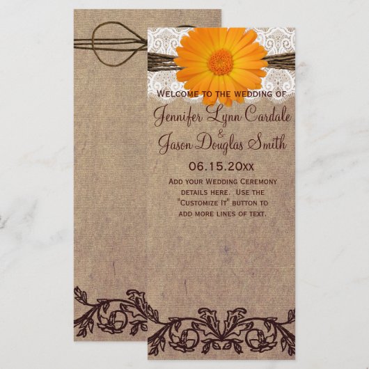 Rustic Orange Gerber Daisy Wedding Program Programm (Vorne/Hinten)