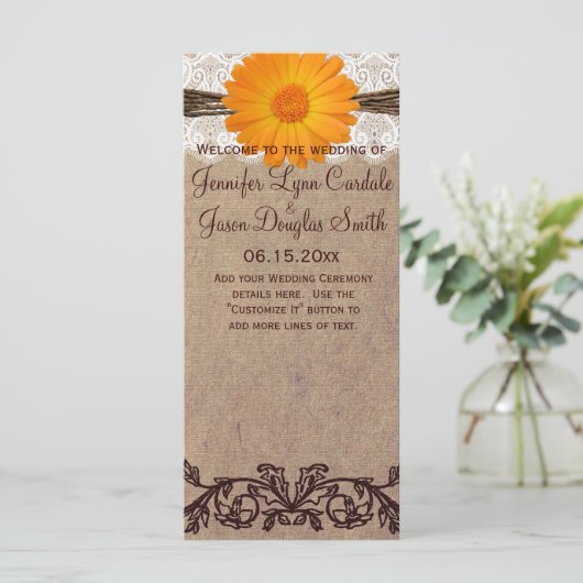 Rustic Orange Gerber Daisy Wedding Program Programm (Stehend Vorderseite)