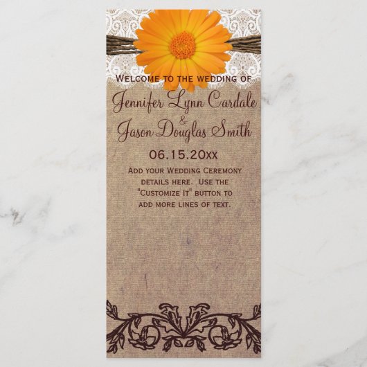Rustic Orange Gerber Daisy Wedding Program Programm (Vorderseite)