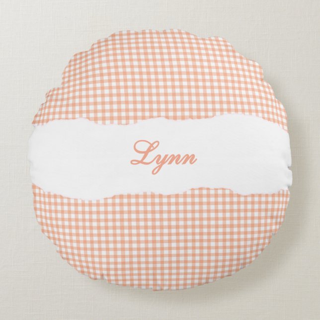 Rustic Orange Gingham Personalized Name Rundes Kissen (Vorderseite)