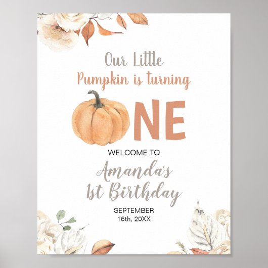 Rustic Orange Pumpkin 1. Geburtstag Willkommen Poster (Vorne)