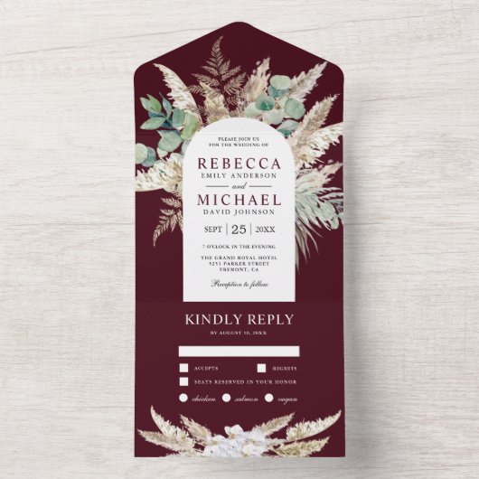 Rustic Pampas Eucalyptus Arch Burgundy Wedding All In One Einladung (Innen Boden)