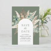 Rustic Pampas Eucalyptus Arch Sage Green Wedding Save The Date (Stehend Vorderseite)