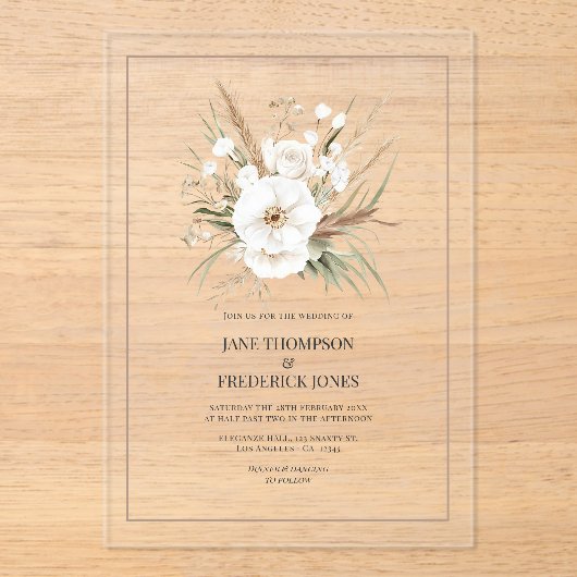 Rustic Pampas Grass White Floral Bohemian Wedding Acryleinladungen (Vorderseite)