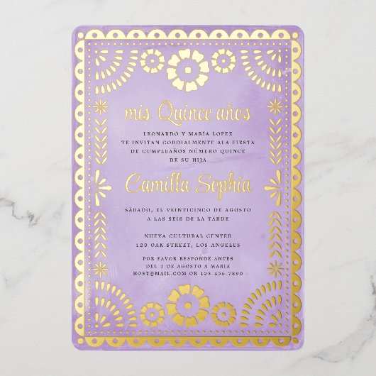 Rustic Papel Picado Purple Gold Quinceañera  Folieneinladung (Vorderseite)