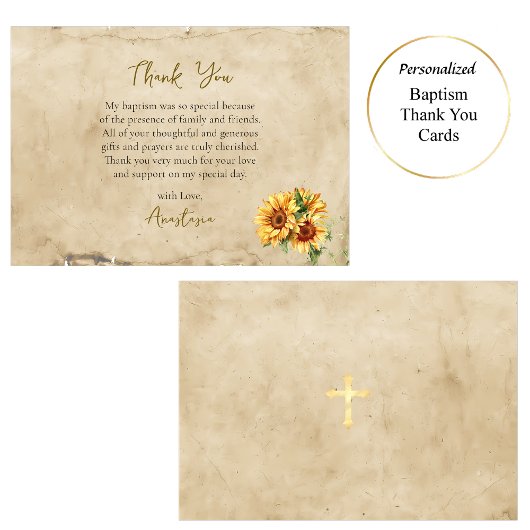 Rustic Parchment Sunflowers Orthodox Baptism Dankeskarte