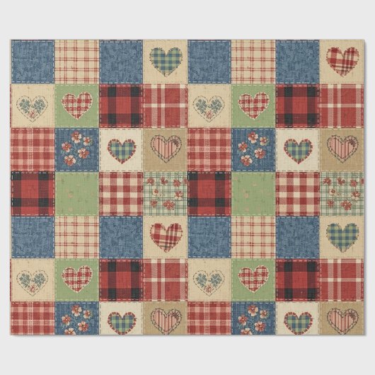 Rustic Patchwork Hearts Picnic Pattern (5) Geschenkpapier (Flach)