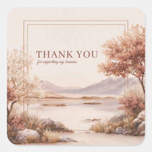 Rustic Peach Landscape Lake Gold Frame Watercolor Quadratischer Aufkleber (Vorderseite)