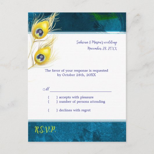 Rustic Peacock Blue Wedding RSVP Einladungspostkarte (Vorderseite)