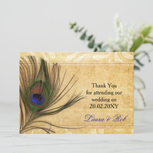 Rustic Peacock Feather Hochzeit Danke Karten (Stehend Vorderseite)