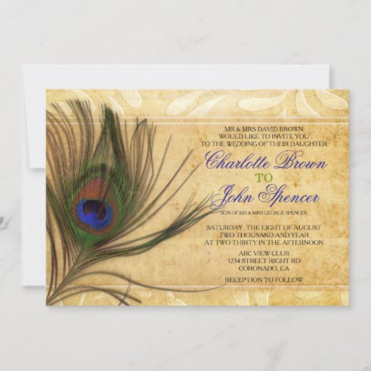 Rustic Peacock Feather Hochzeit Einladungen (Vorderseite)