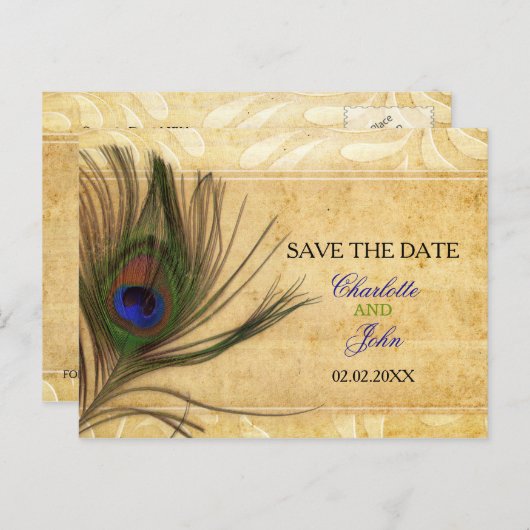 Rustic Peacock Feather Hochzeit speichern Sie das Ankündigungspostkarte (Vorne/Hinten)