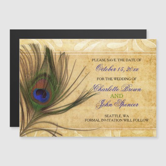 Rustic Peacock Feather Hochzeit speichern Sie das  Magneteinladung (Vorne/Hinten)