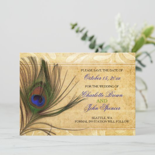 Rustic Peacock Feather Hochzeit speichern Sie das Save The Date (Stehend Vorderseite)