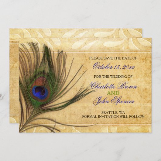 Rustic Peacock Feather Hochzeit speichern Sie das Save The Date (Vorne/Hinten)