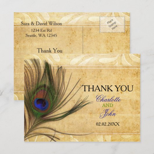 Rustic Peacock Feather Wedding Vielen Dank Postkarte (Vorne/Hinten)