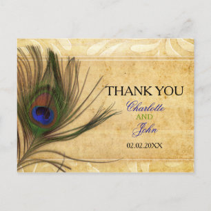 Rustic Peacock Feather Wedding Vielen Dank Postkarte
