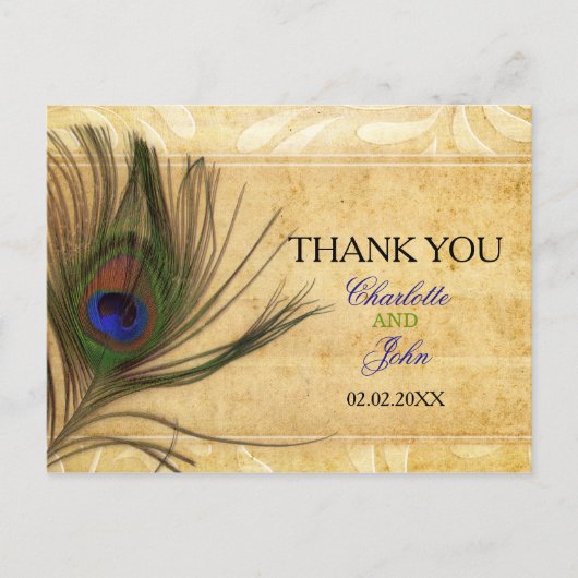 Rustic Peacock Feather Wedding Vielen Dank Postkarte (Vorderseite)