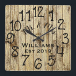 Rustic Personalized Brown Wood Custom Quadratische Wanduhr<br><div class="desc">Beautiful, einzigartig, one-of-a-kind personalized design feature a-rustic brown wood with black personalization his and her names in a script machen overlay design and the last name and year establishd in a bold script with a printed wood background. Personalize this clock by adding your personal information. Makes a great wedding, anniversary,...</div>