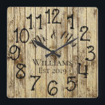 Rustic Personalized Brown Wood Custom Quadratische Wanduhr<br><div class="desc">Beautiful, unique, one-of-a-kind personalized design features a faux-rustic brown wood with black personalization his and her names in a script font overlay design and the last name and year established in a bold script with a printed wood effect background. Personalize this clock by adding your personal information. Makes a great...</div>