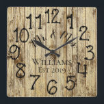 Rustic Personalized Brown Wood Custom Quadratische Wanduhr<br><div class="desc">Beautiful, unique, one-of-a-kind personalized design features a faux-rustic brown wood with black personalization his and her names in a script font overlay design and the last name and year established in a bold script with a printed wood effect background. Personalize this clock by adding your personal information. Makes a great...</div>
