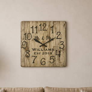 Rustic Personalized Brown Wood Custom Quadratische Wanduhr
