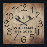 Rustic Personalized Brown Wood Custom Quadratische Wanduhr<br><div class="desc">Beautiful, einzigartig, one-of-a-kind personalized design feature a-rustic brown wood with black personalization his and her names in a script machen overlay design and the last name and year establishd in a bold script with a printed wood background. Personalize this clock by adding your personal information. Makes a great wedding, anniversary,...</div>