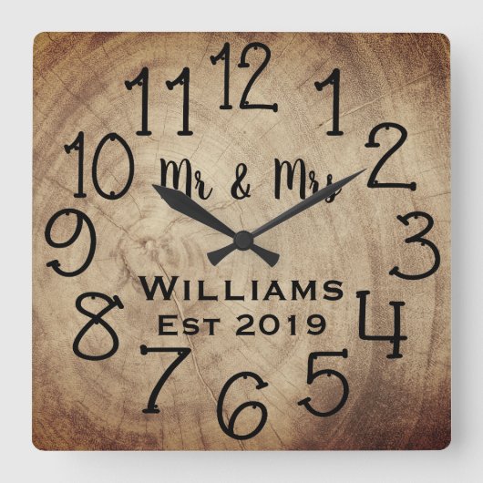 Rustic Personalized Brown Wood Custom Quadratische Wanduhr (Vorderseite)