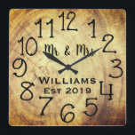 Rustic Personalized Brown Wood Custom Quadratische Wanduhr<br><div class="desc">Ein wunderschönes, einzigartiges, personalisiertes Design mit einem Imitat-rustikalen Holz mit schwarzer Personalisierung seine und ihre Namen in einem Skript-Schriftart-Overlay-Design und der Nachname und das Jahr in einem fett geschriebenen Skript mit einem gedruckten Holz-Effekt Hintergrund. Personalisieren Sie diese Uhr, indem Sie Ihre persönlichen Daten hinzufügen. Macht eine großartige Hochzeit, ein Jubiläum...</div>